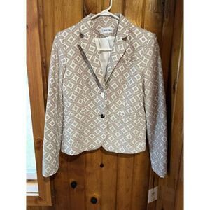 Calvin‎ Klein Geometric Pattern Cropped Blazer Beige White Professional Jacket